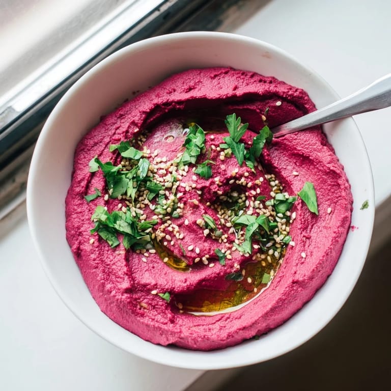 Roasted beet hummus in a white bowl beside pita chips and fresh vegetable sticks for dipping.  