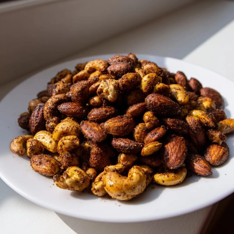 Aromatic spiced nuts and seeds mix, ready to enjoy as a delicious appetizer.