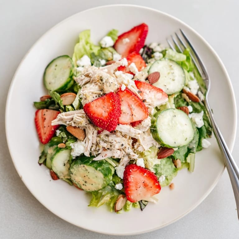 Savory Strawberry Poppy Seed Chicken Salad in a white bowl, topped with toasted almonds and crumbled feta for added texture and flavor.