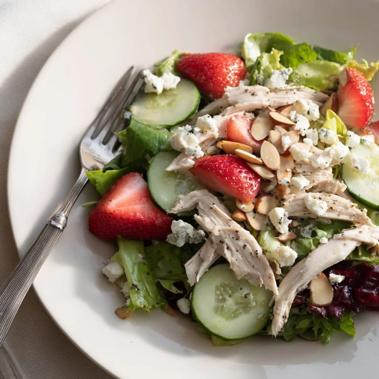 Easy Strawberry Poppy Seed Chicken Salad served over mixed greens with red onion and strawberries, ideal for a light summer lunch.