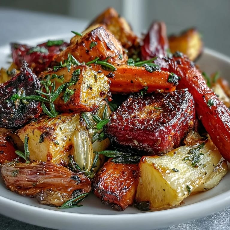 Tender Roasted Root Vegetable Medley, glistening with olive oil and herbs, a perfect side.