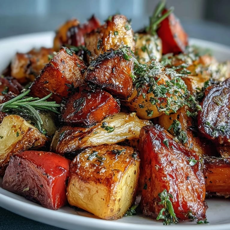 Colorful Roasted Root Vegetable Medley, showing a delicious mix of tender, oven-baked goodness.