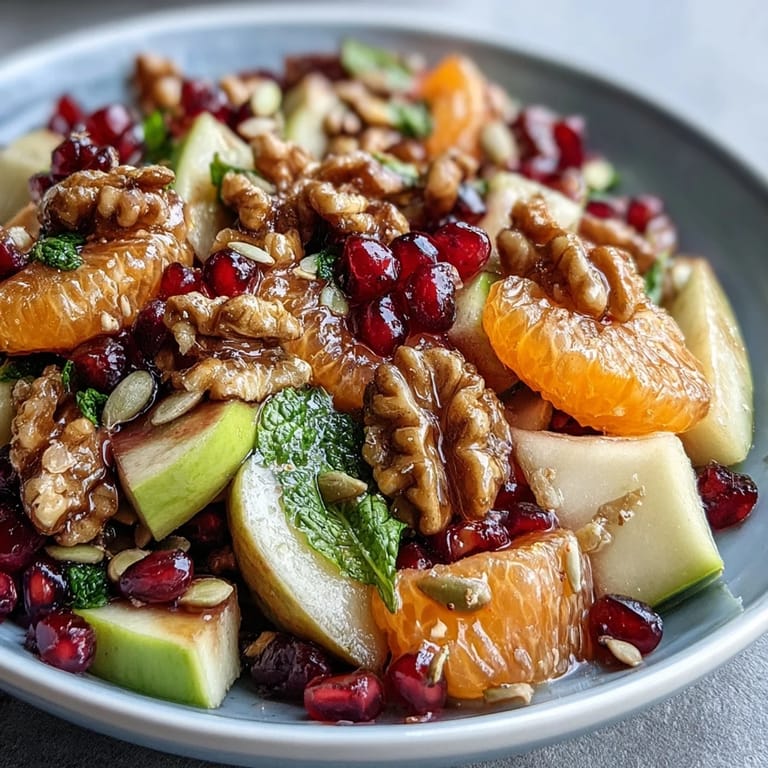 Freshly tossed Pomegranate and Walnut Salad in a wide ceramic bowl, showcasing diced apples, orange segments, and a light honey-lemon drizzle.  