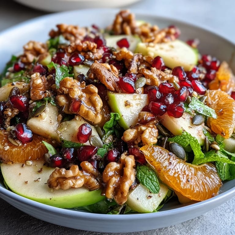 Pomegranate and Walnut Salad served over mixed greens, garnished with pumpkin seeds and a wedge of lemon for a bright, healthy finish.