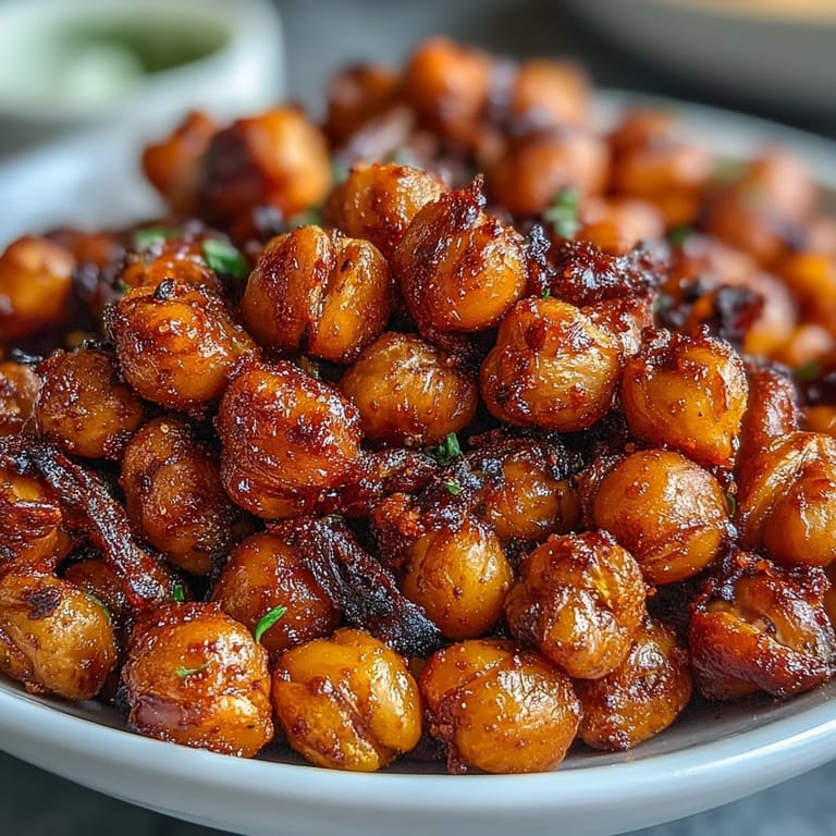 A close-up of Crispy Chickpea Snack, showing a crunchy texture with a side of fresh herbs.