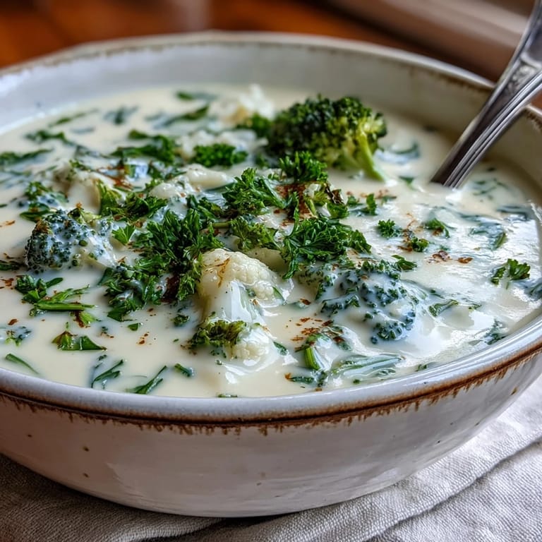 A ladle of golden Creamy Vegetable Soup poured from a pot, revealing the smooth, blended vegetable texture.