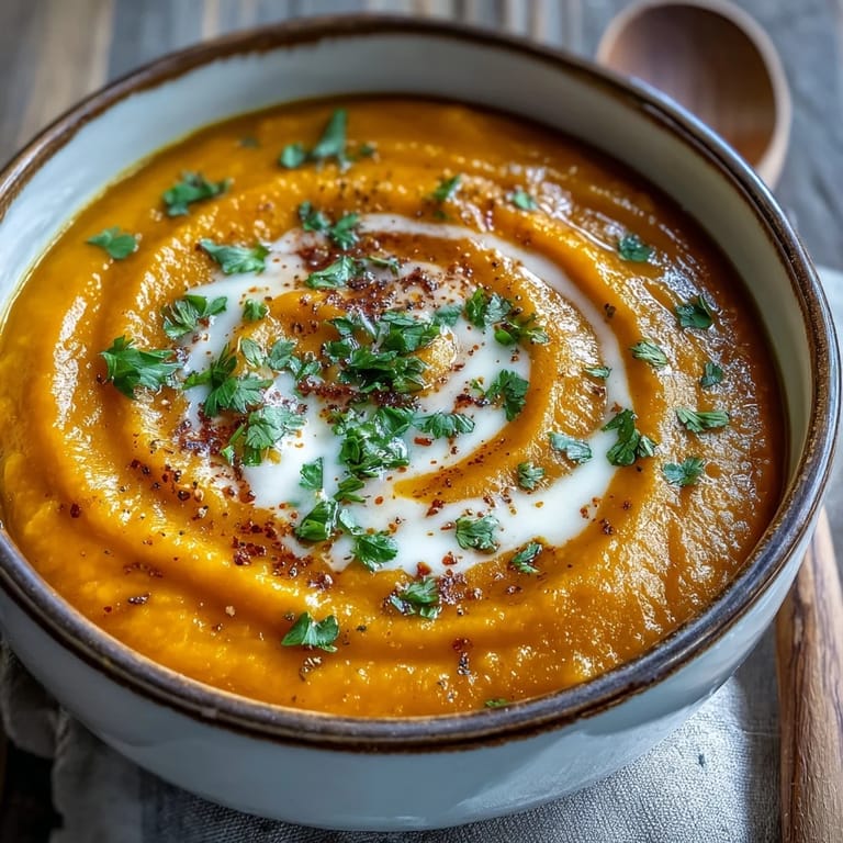 Cozy bowl of Carrot, Celeriac and Chilli Soup topped with a coconut yogurt swirl and fresh herbs.
