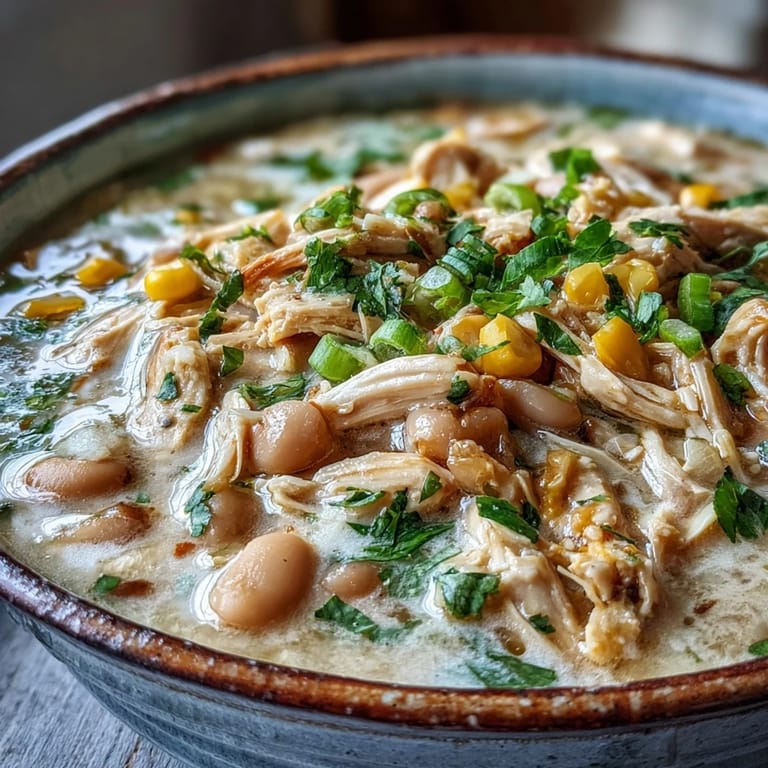 A comforting White Chicken Chili in a rustic bowl topped with green onions and Monterey Jack cheese.