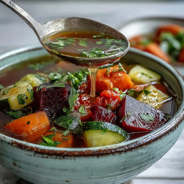 Top-down view of Rainbow Vegetable Detox Soup in a rustic bowl, garnished with fresh parsley. The deep red broth and chunky vegetables look homemade and savory.