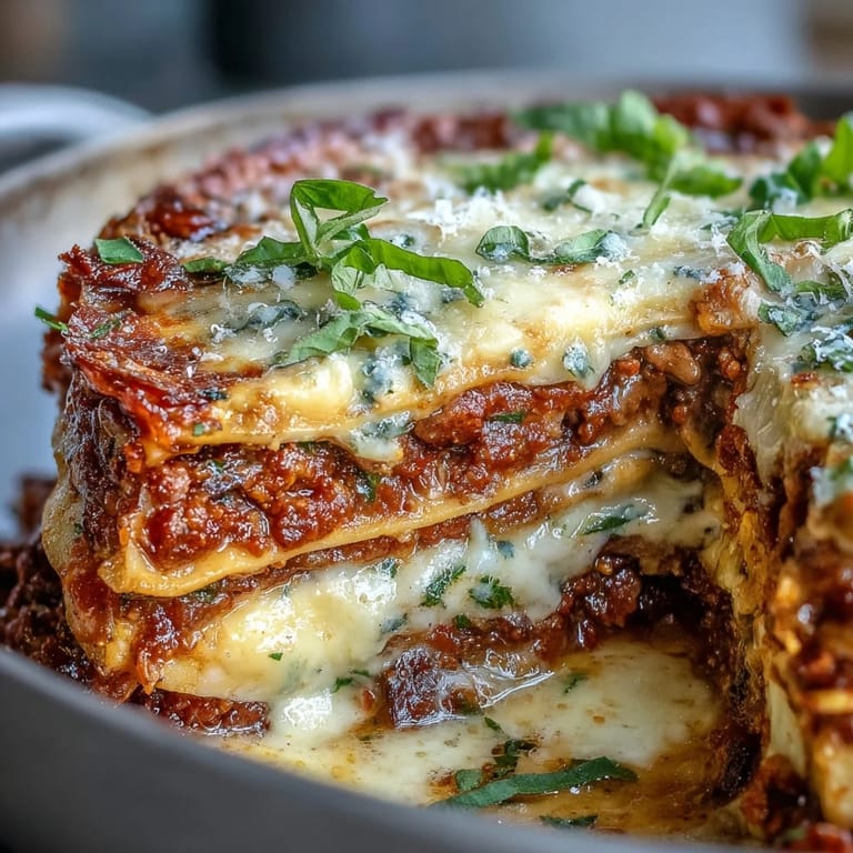 Close-up of the One-Pan Smoky Veggie Lentil Lasagne, showcasing no-boil pasta sheets layered with smoky mushroom and courgette bolognese.