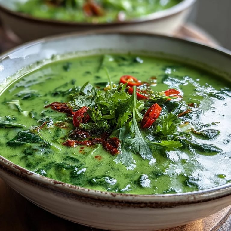 Creamy coconut Spinach Coriander Lemongrass Soup in a white bowl, next to crusty bread for dipping.