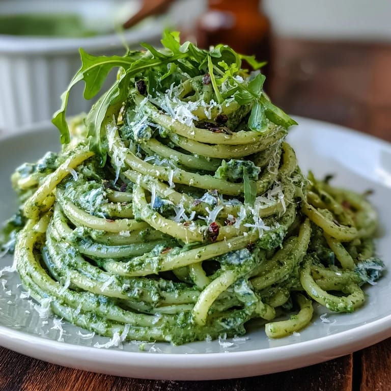 Bright green arugula pesto blends with cottage cheese on warm linguine, finished with lemon zest and Parmesan.