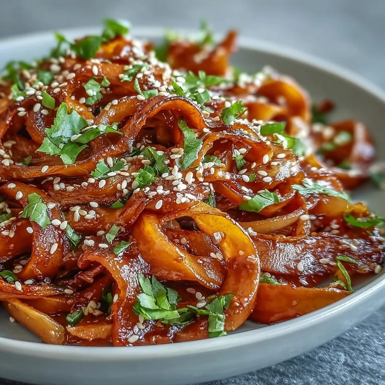 Fusion Gochujang Swede Noodles served with julienned carrots and crisp bean sprouts for a satisfying vegan meal.