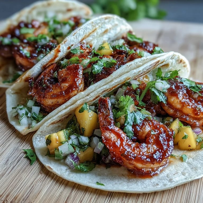 Sriracha Shrimp Tacos with Mango Salsa garnished with fresh cilantro and lime wedges.