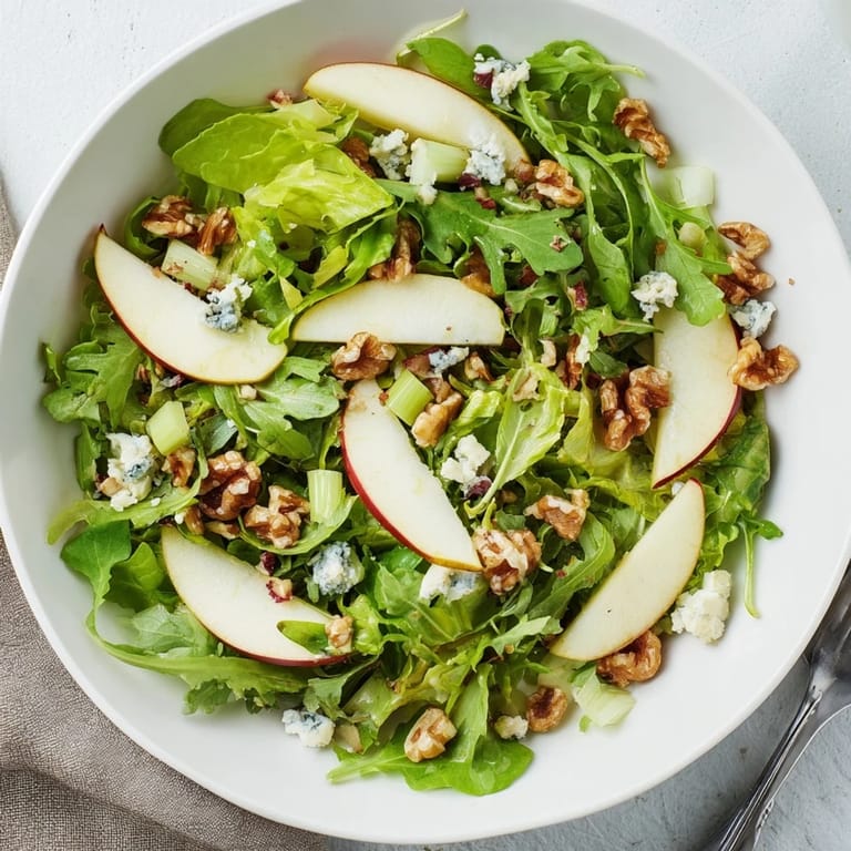 Freshly sliced apples and walnuts arranged on salad greens with a light, zesty vinaigrette, perfect for a healthy side.