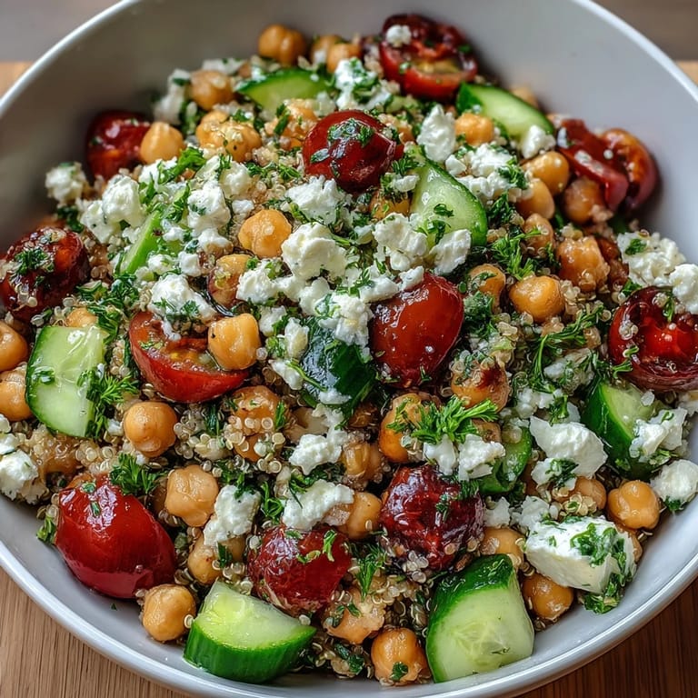 Healthy Mediterranean High Protein Quinoa & Chickpea Salad with chickpeas, tomatoes, and fresh parsley garnish.