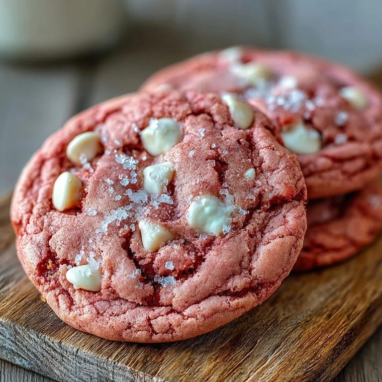 Plate of warm Pink Velvet Cookies served beside a glass of milk, perfect for a sweet snack.
