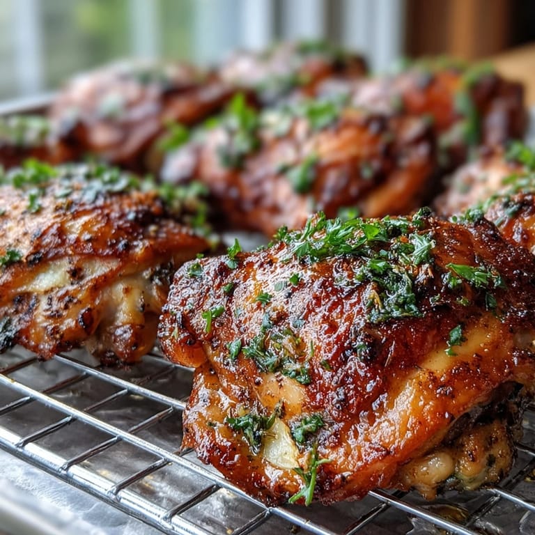 Close-up of Crispy Baked Bone-In Chicken Thighs showing shatteringly crisp skin and juicy dark meat, perfectly seasoned and roasted.