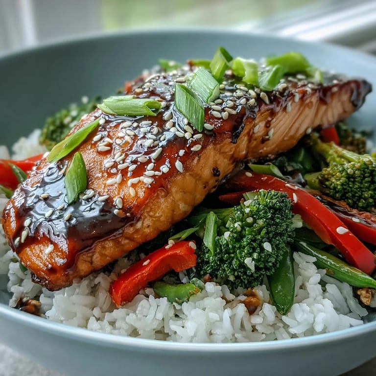 Teriyaki Salmon Bowl garnished with scallions, ready to serve alongside pickled ginger and extra sauce.