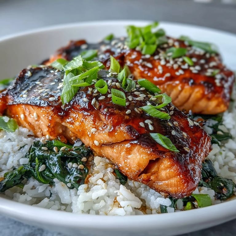 Freshly cooked miso glazed salmon bowl served with bright greens, fluffy rice, and a side of lime wedges for zest.