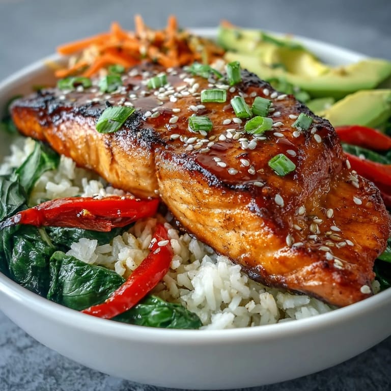 Vibrant soy ginger salmon bowl garnished with green onions and sesame seeds, ready to enjoy with lime.