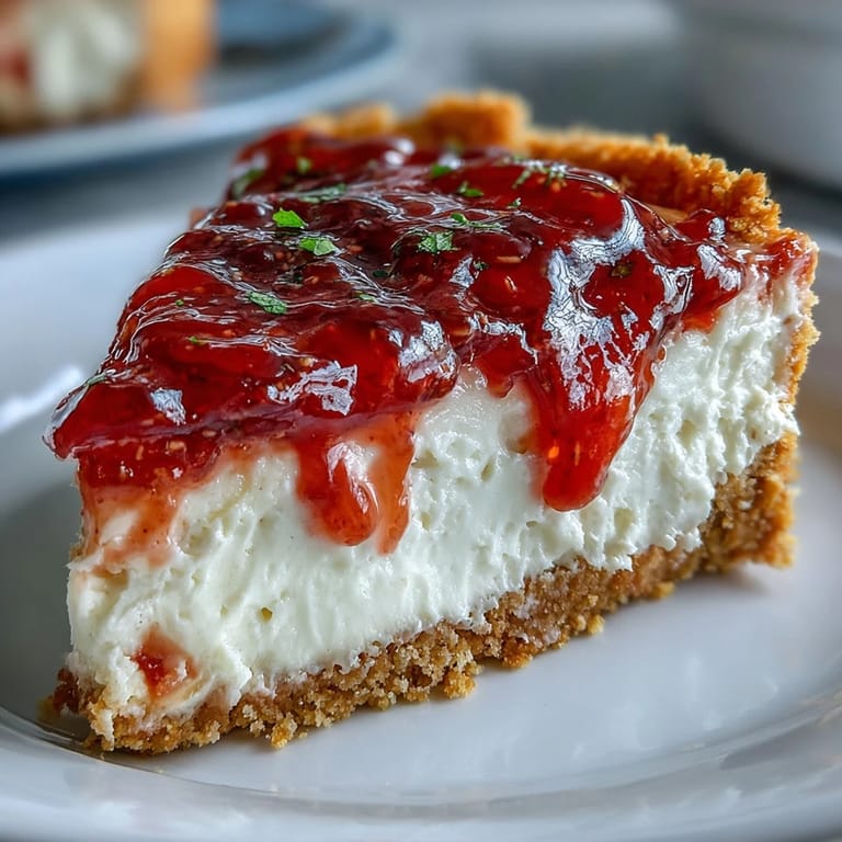 A creamy slice of Guava Cheesecake reveals a smooth texture and tangy fruit ribbon on a dark plate.