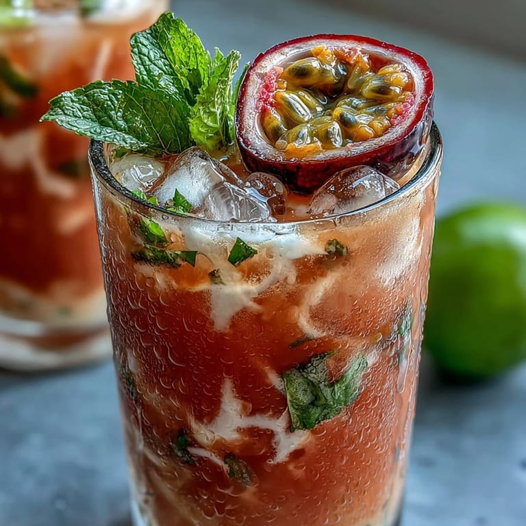 A glass pitcher of DIY Iced Guava Passionfruit Drink surrounded by sliced strawberries and pineapple, highlighting the creamy coconut milk swirl and vibrant tropical hues.
