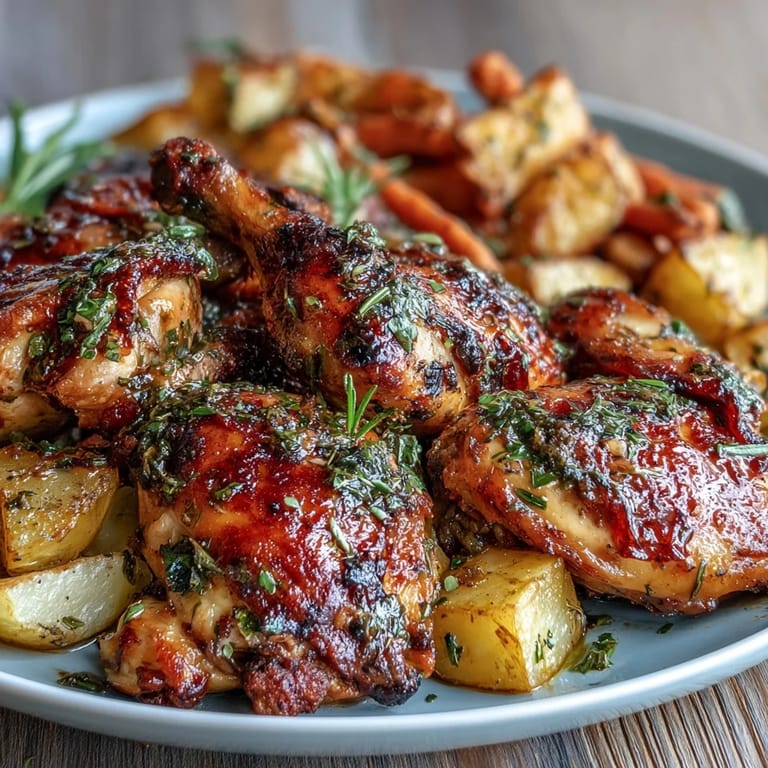 Crispy herb-marinated chicken thighs roasted alongside colorful root vegetables for a simple, healthy, one-pan dinner that's bursting with flavor.  