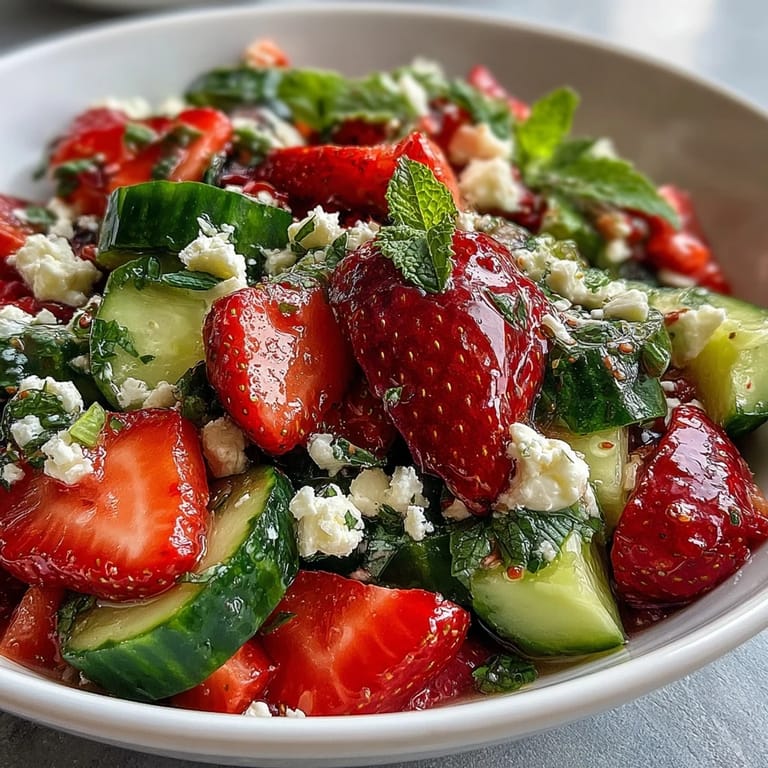 Colorful Spring Food Cucumber and Strawberry Salad with Mint, featuring bright red berries, green cucumber ribbons, and fresh herbs, perfect for a light lunch or healthy side.
