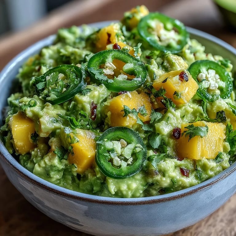 Vibrant guacamole featuring ripe avocado, sweet mango, and a kick of jalapeño—ideal for festive appetizer spreads.