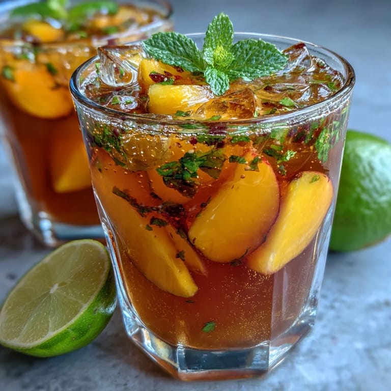 Chilled mango peach sangria with colorful fruit slices, sparkling water, and mint garnish for festive gatherings.