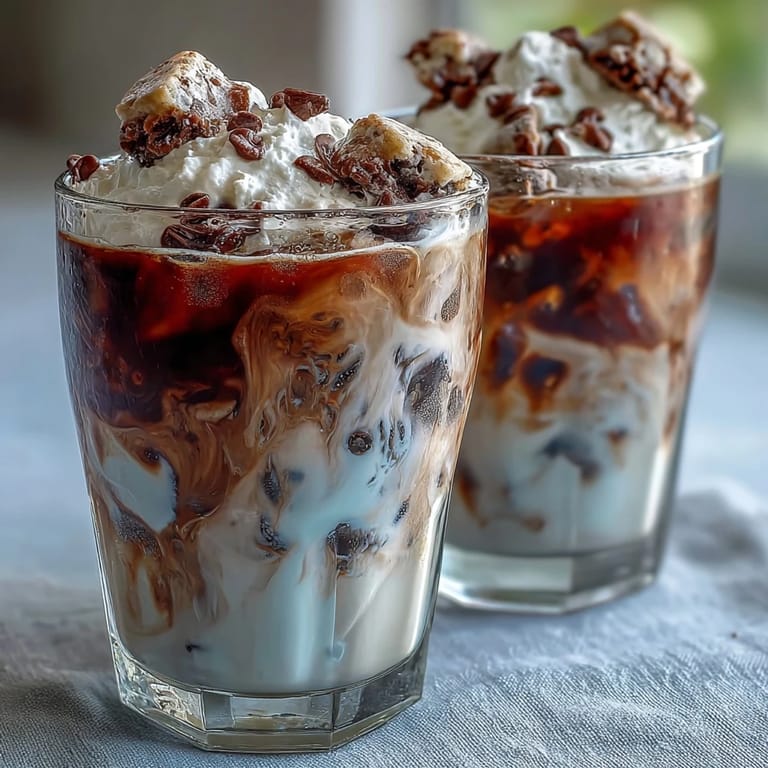 A creamy Cookies and Cream Cold Brew with marbled coffee and cookies-and-cream milk, served over ice with cookie crumbles for a sweet, indulgent treat.