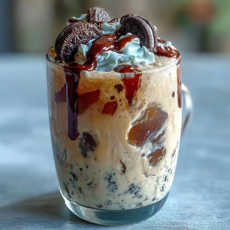 Two servings of Cookies and Cream Cold Brew featuring smooth cold brew coffee blended with chocolate sandwich cookies and topped with whipped cream.