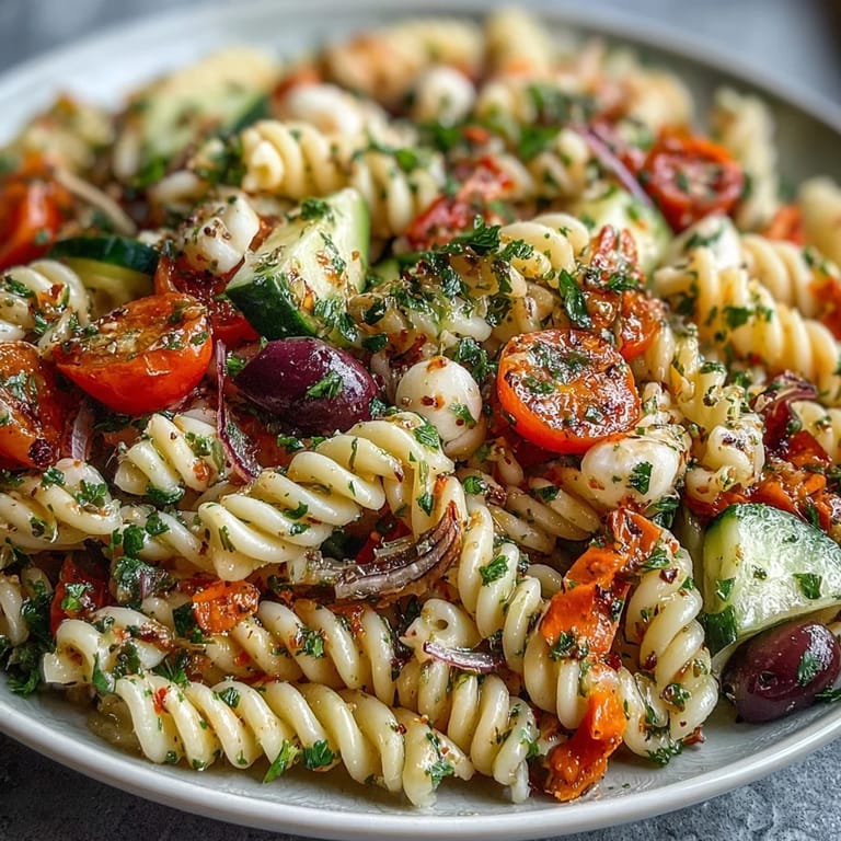 Vibrant Easy Summer Pasta Salad with Italian Dressing, packed with crisp cucumbers, juicy tomatoes, and mozzarella balls, perfect for warm-weather meals.