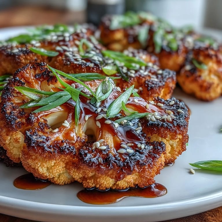 2. Oven-baked cauliflower steaks drizzled with glossy teriyaki glaze, topped with sesame seeds and scallions for added crunch.  