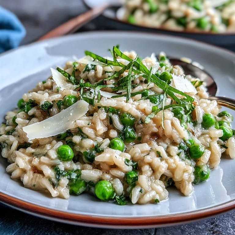 Vibrant green pea risotto topped with grated Parmesan and fresh mint, served with a side of crusty bread.  