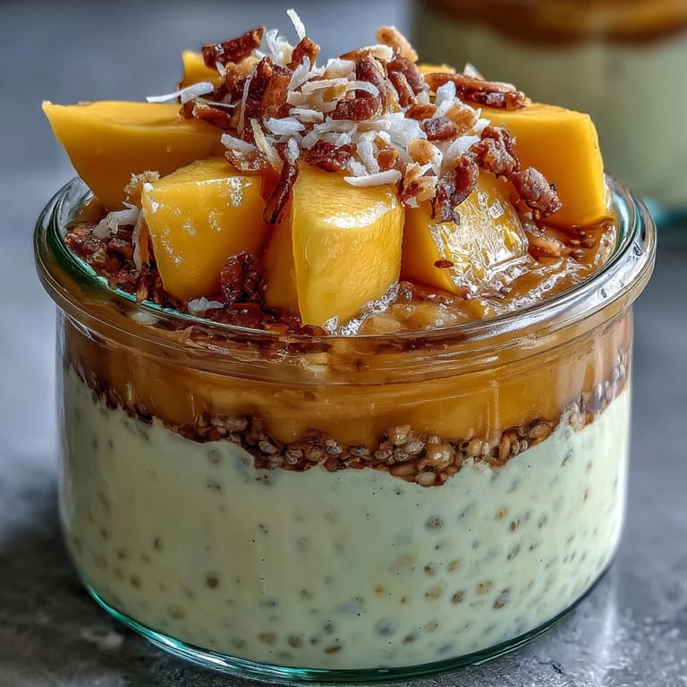 Delicious Skyr Protein Chia Pudding layers, showcasing sweet mango puree and topping.