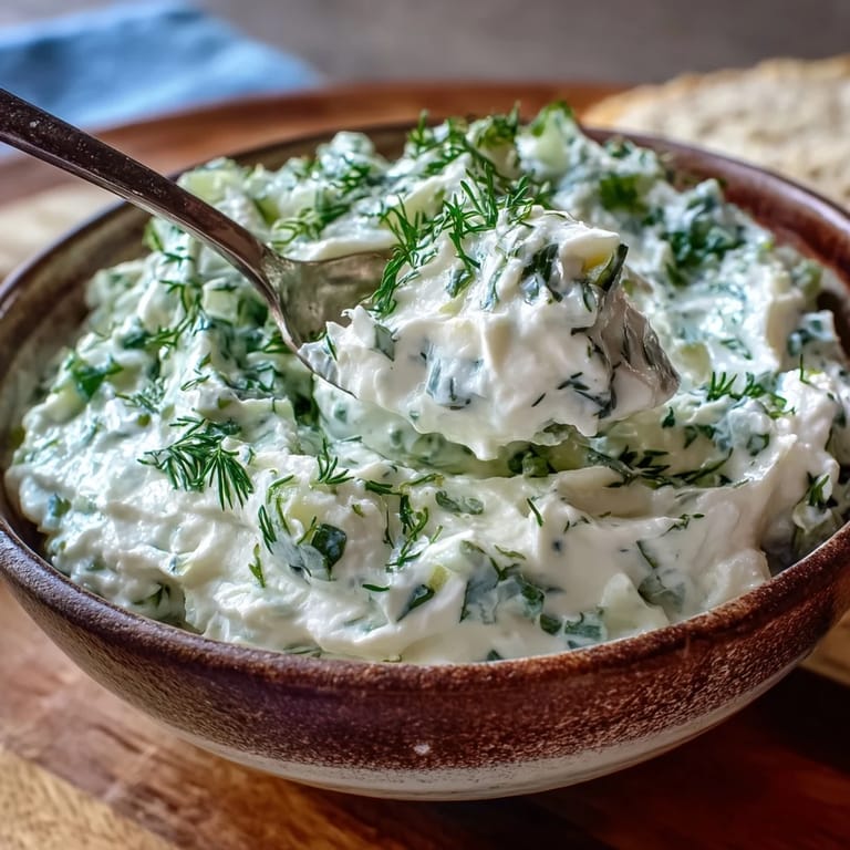 Savory Skyr Tzatziki Dip with garlic, ready to serve with veggie sticks.
