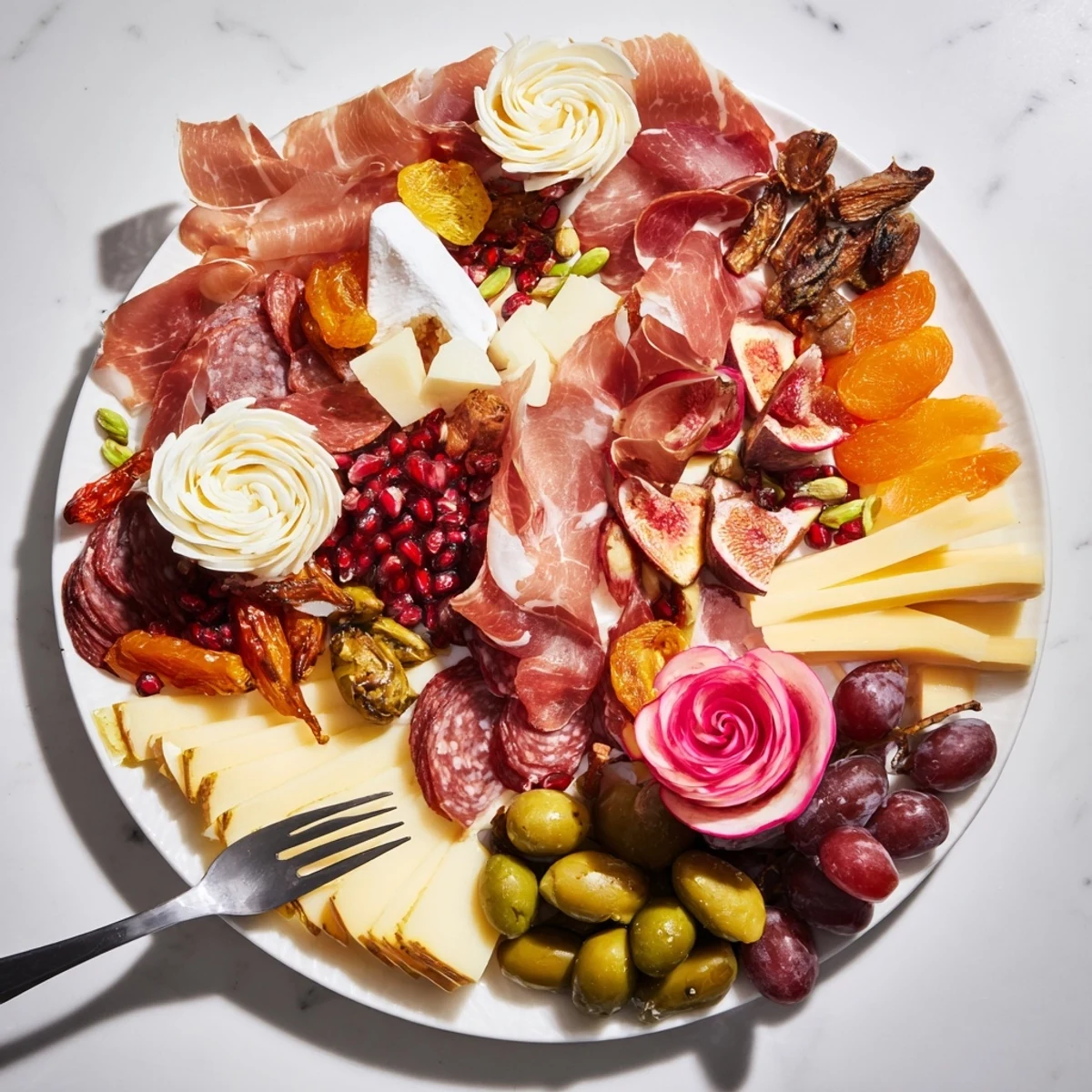 An elaborate Advanced Artisan Array charcuterie board overflowing with meats, cheeses, and fruits for grazing.