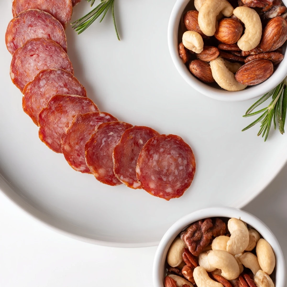 A visually stunning presentation of "The Infinity Loop" appetizer with mixed nuts and salami.