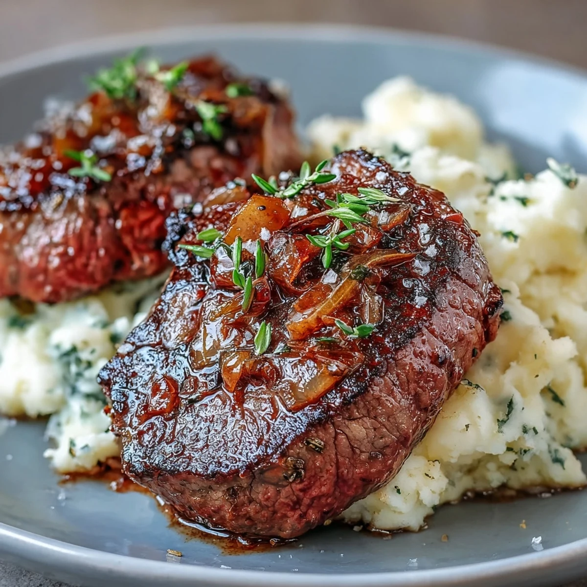 Pan-seared venison steaks topped with creamy caraway crushed swede mash, served with a rich red wine sauce on a rustic plate.  