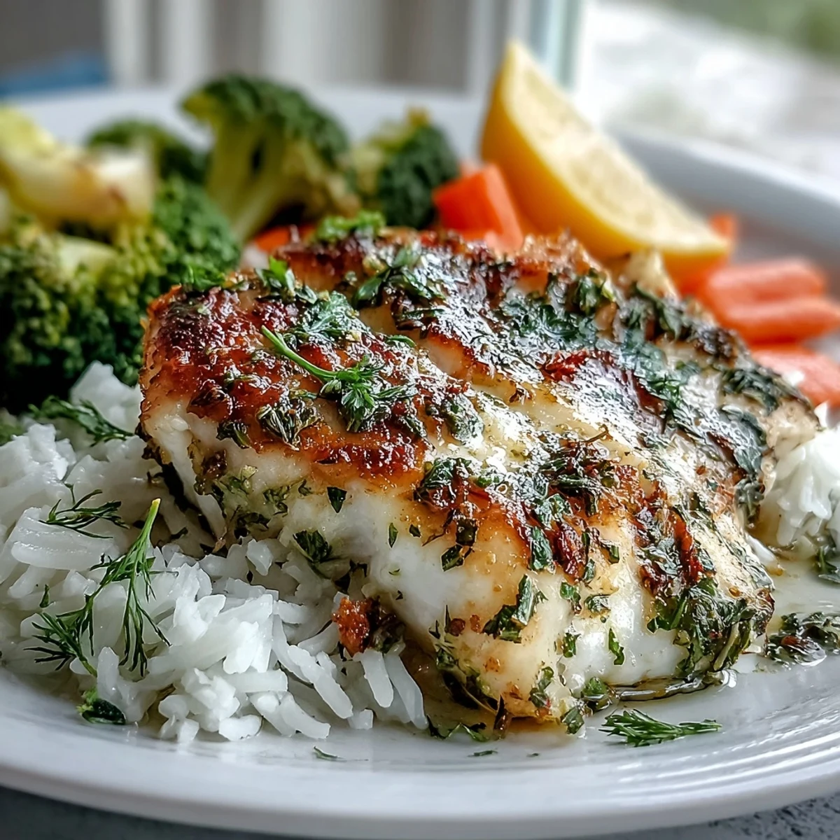 Herb-baked tilapia fillets with fluffy rice and steamed broccoli in a wholesome bowl.