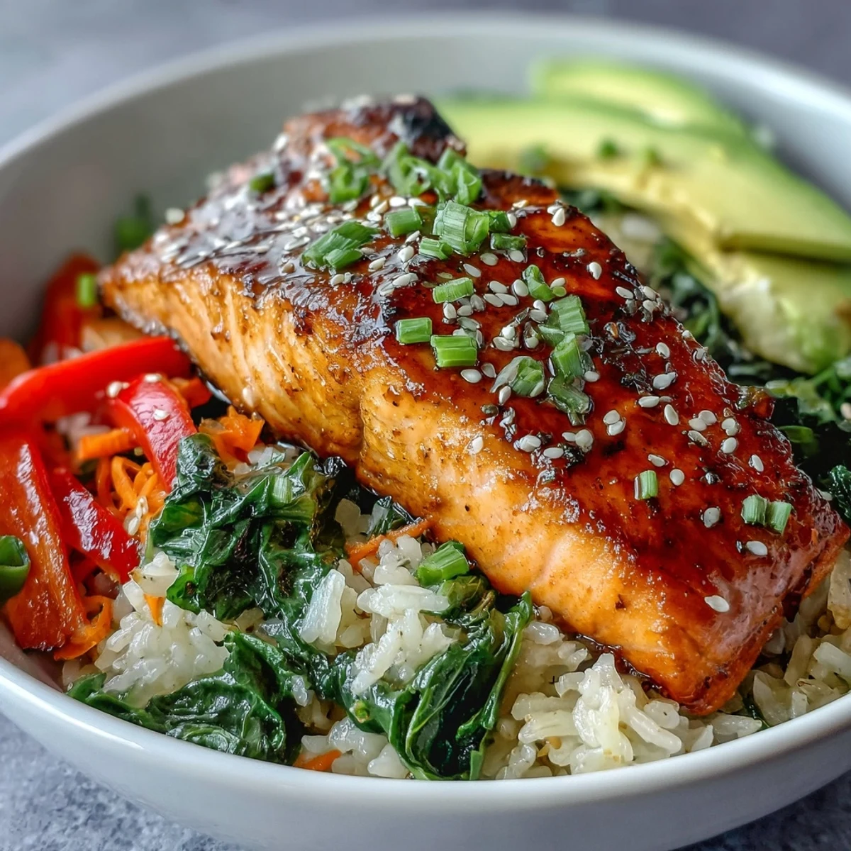 Golden-brown soy ginger salmon glazed and resting on fluffy jasmine rice beside crisp stir-fried vegetables and avocado.