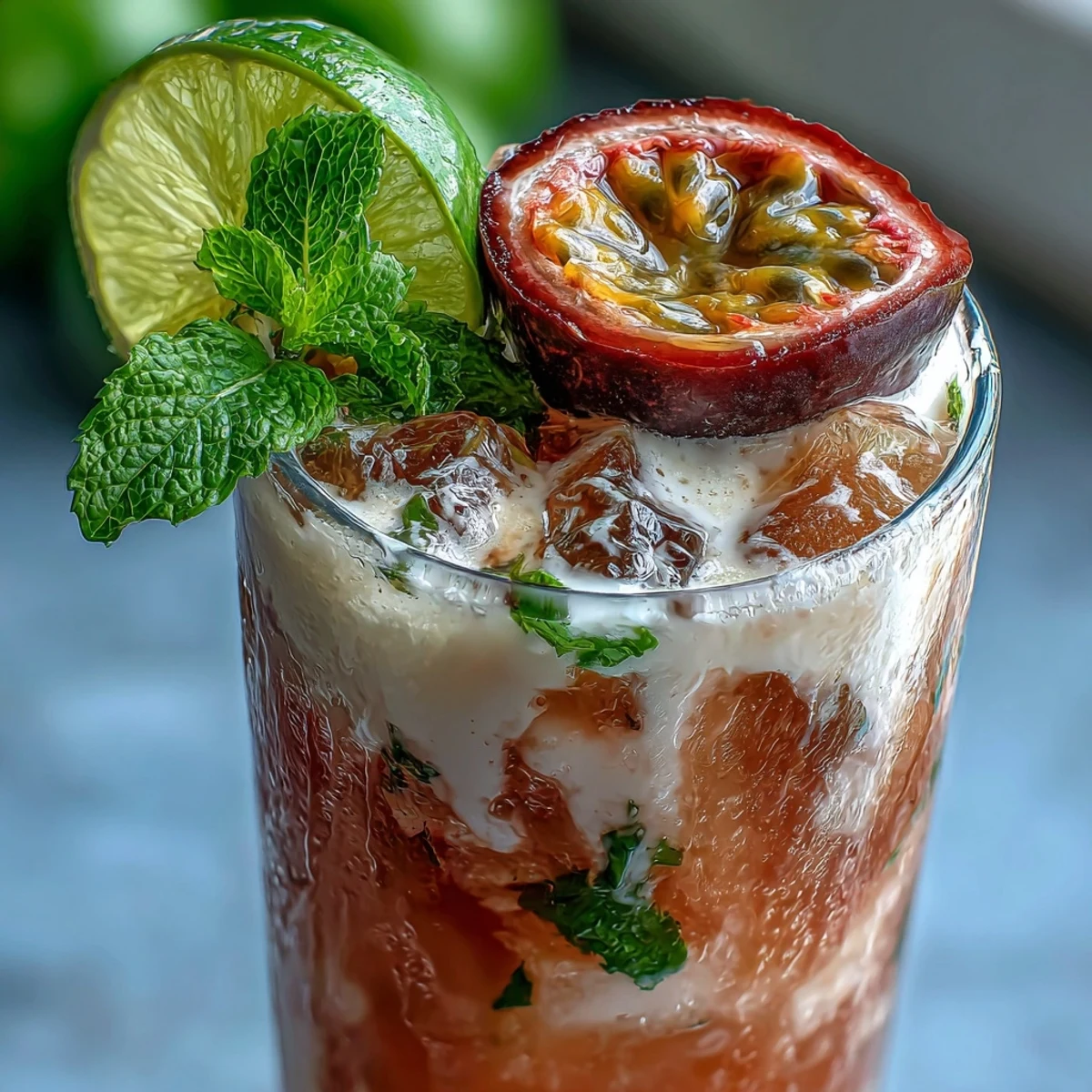 Tall glasses of the DIY Iced Guava Passionfruit Drink filled with ice, showcasing a creamy, pink-orange tropical beverage topped with fresh mint and a lime wedge. 