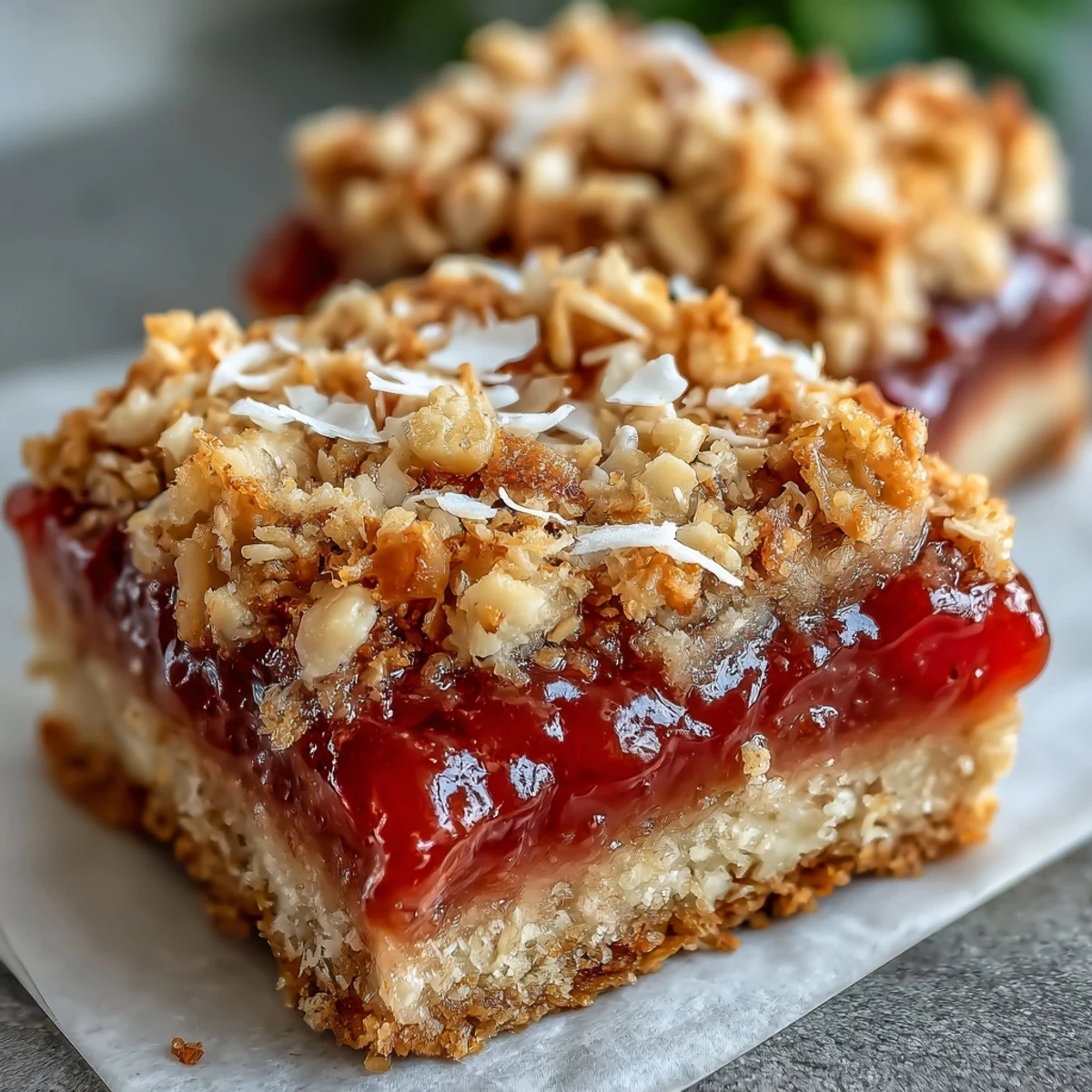 Golden-brown Guava Jam Bars with Coconut Macadamia Oat Crumble showing gooey pink filling.