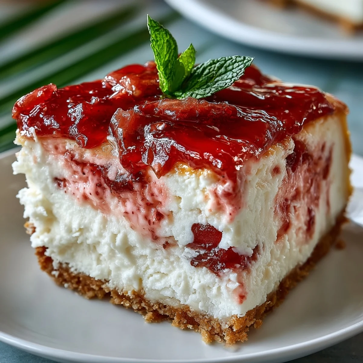 No-bake Easy Guava Swirl Cheesecake with a golden biscuit crust and vibrant pink swirls on a marble surface.