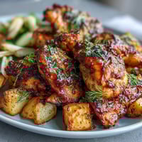 Vibrant sheet pan herb chicken with root veggies, featuring juicy chicken thighs and golden roasted carrots, parsnips, and sweet potatoes.  
