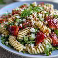 Spring Pasta Salad with Strawberries, Feta, and Arugula in a white bowl, featuring colorful strawberries, arugula, and feta crumbles over al dente pasta, drizzled with balsamic dressing.